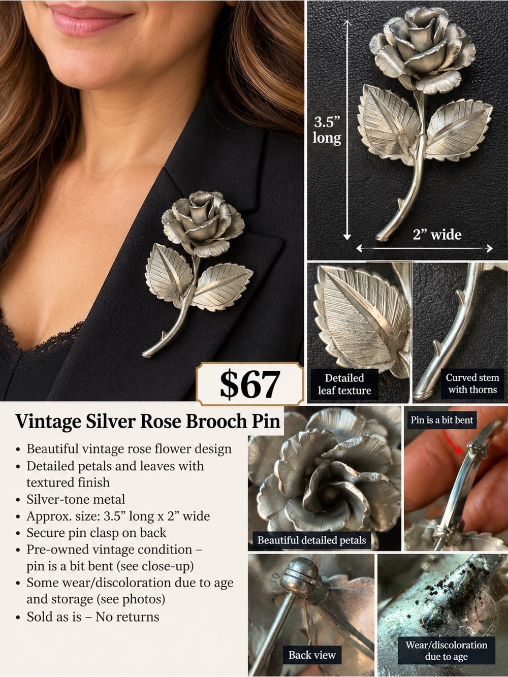 Vintage Silver Rose Brooch Pin - Silver Floral Statement